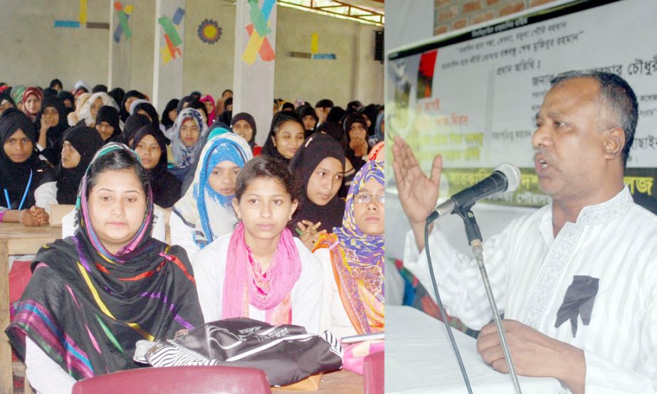 Nurul Absar Chowdhury, Editor and Publisher of Chotogramer Sangbad speaking at a discussion meeting at Satkania Adarsha Mahila College on the occasion of the National Mourning Day as Chief Guest on Tuesday.