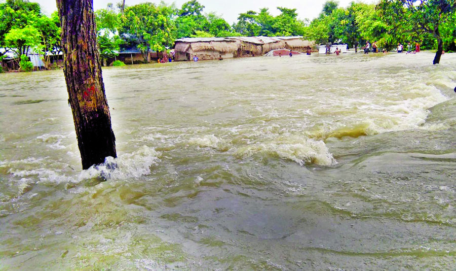 About 3 thousand families went under water following the seven embankment that washed away triggered by incessant rain and onrush of waters from the upstream at Naogaon. This photo was taken from Sapahar area on Wednesday.