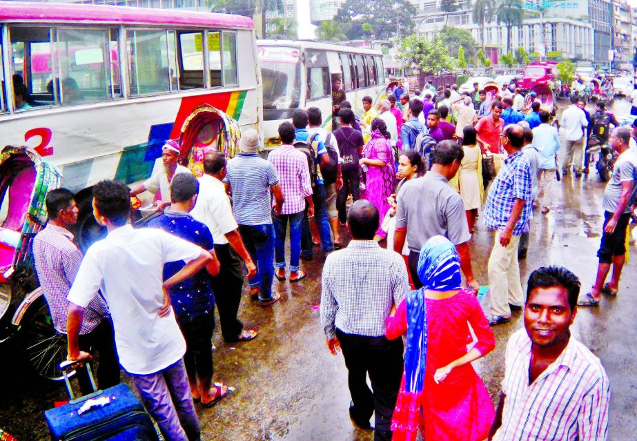 Home-goersâ€™ suffering mounts following the lack of public transport in city after two days of holiday. This photo was taken from Motijheel area near Shapla Chattar on Wednesday.
