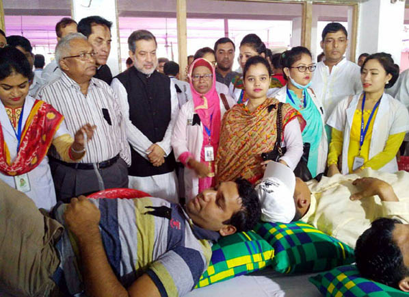 Chairman of the Parliamentary Standing Committee on Ministry of Railway ABM Fazle Karim Chowdhury MP visiting the voluntary blood donation program at Raozan marking the National Mourning Day arranged at upazila square as Chief Guest on Tuesday.