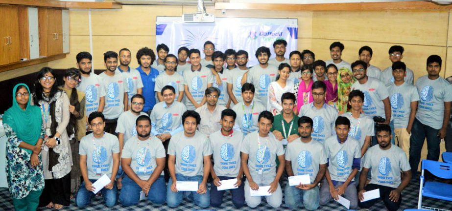 Prof Dr Syed Akhter Hossain, Head, Department of CSE of Daffodil International University along with the winners of 'Take Off Programming Competition Summer-2017' poses for a group photo after the programme organized by Department of Computer Science an