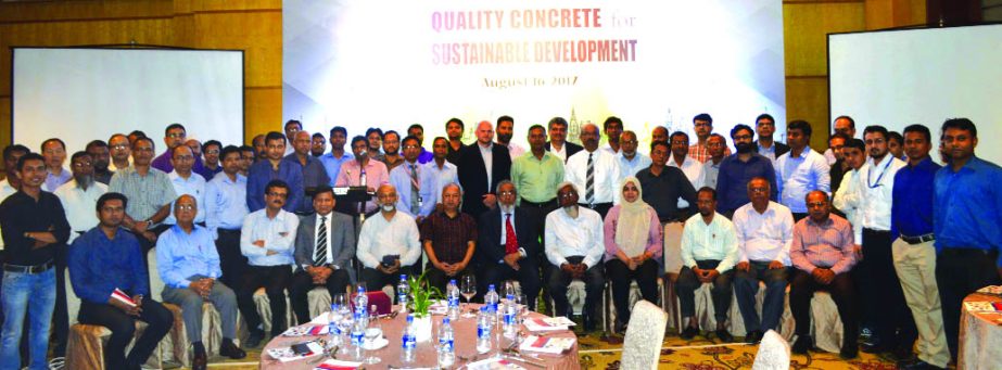 Rajesh Surana, CEO of LafargeHolcim Bangladesh, poses with the participants of a technical seminar on 'Quality Concrete for Sustainable Development' at a city hotel on Wednesday. Petr Dobry, Technical Expert of Cement Industrial Performance, LafargeHolc