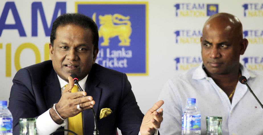 Sri Lankan Cricket President Thilanga Sumathipala (left) speaks as Chief Selector Sanath Jayasuriya watches during a media briefing ahead of the One-Day International cricket match series against India in Colombo, Sri Lanka on Wednesday.