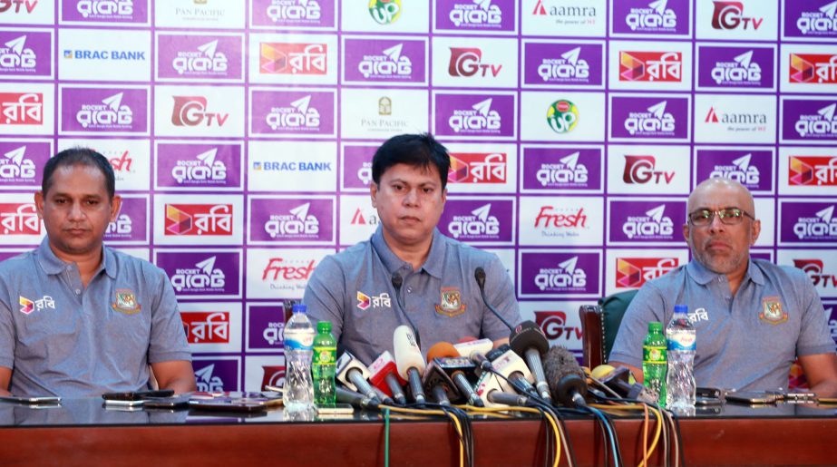 Chief Selector of BCB Minhajul Abedin Nannu speaking at a press conference at the Media Briefing Room of Sher-e-Bangla National Cricket Stadium in Mirpur on Saturday.