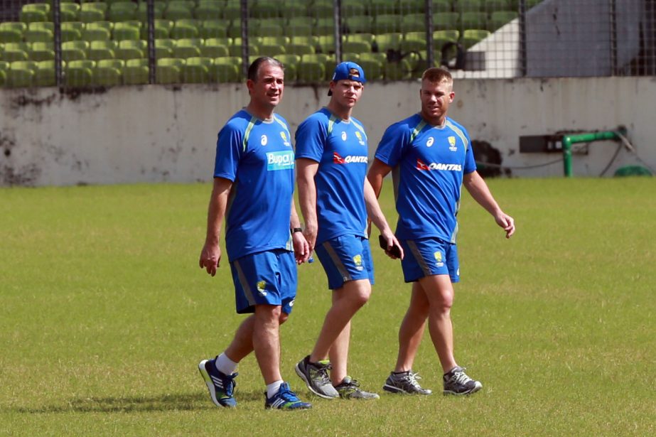 Members of Australian Cricket team during their practice session at the Sher-e-Bangla National Cricket Stadium in Mirpur on Saturday.