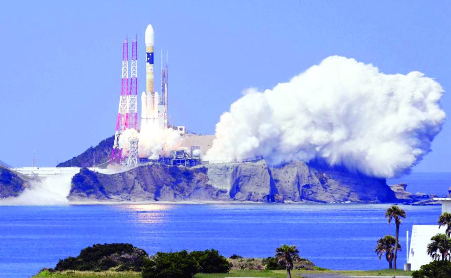 A H-IIA rocket carrying Michibiki 3 satellite, one of four satellites that will augment regional navigational systems, lifts off from the launching pad at Tanegashima Space Center on the southwestern island of Tanegashima, Japan, in this photo taken by Ky