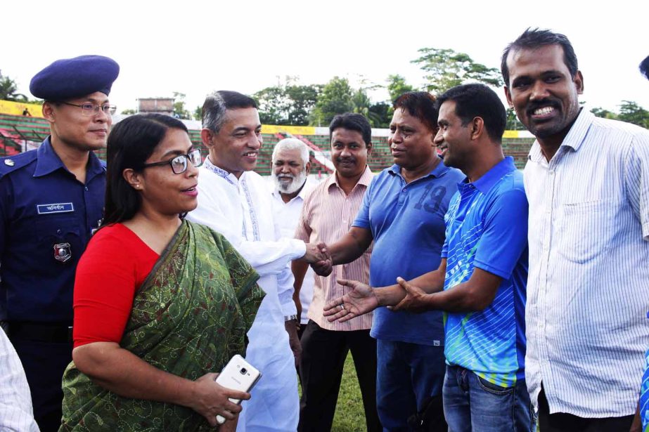 DC of Luxmipur District Humaira Begum being introduced with the organizers of Luxmipur venue before the match of the JFA Unfer-14 National Women's Football Championship at Luxmipur District Stadium on Sunday.