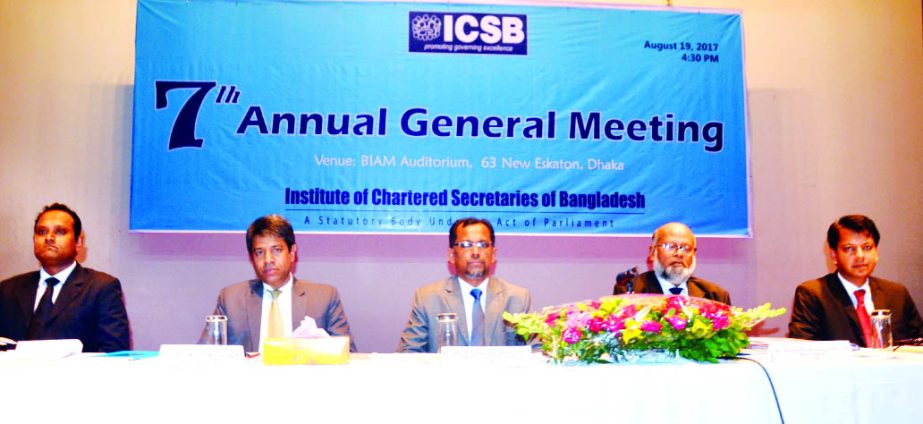 Mohammad Sanaullah, FCS, President of Institute of Chartered Secretaries of Bangladesh (ICSB) presiding over its 7th AGM at a city auditorium on Saturday. Md. Selim Reza, FCS, Vice President and Kazi Mafizur Rahaman, Secretary in Charge of the Institute