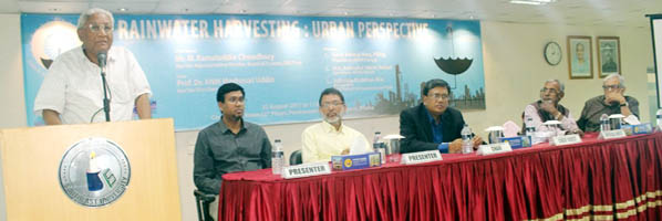 M. Kamaluddin Chowdhury, Representative Member of BOT, Southeast University Trust speaks at a seminar entitled "Rainwater Harvesting: Urban Perspective" at the Seminar Hall of the University's permanent campus, Tejgaon in the capital on Tuesday.