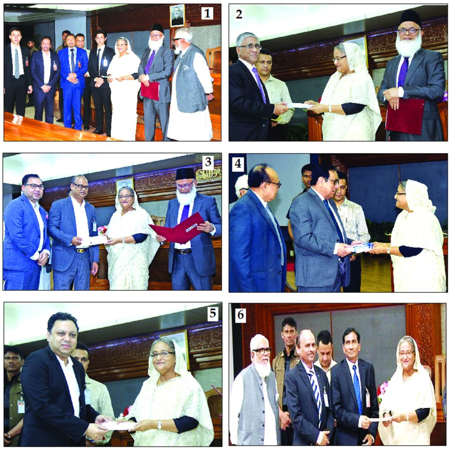 The following banks donate to the Prime Minister's Relief and Welfare Fund at Ganobhaban on Wednesday. Prime Minister Sheikh Hasina is seen receiving the cheques worth Tk 3cr each from (1) National Bank Ltd (2) Prime Bank Ltd (3) Al-Arafah Islami Bank L