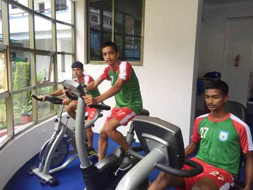 Players of Bangladesh Under-15 National Football team taking part at the physical training session at Kathmandu, the capital city of Nepal on Wednesday.