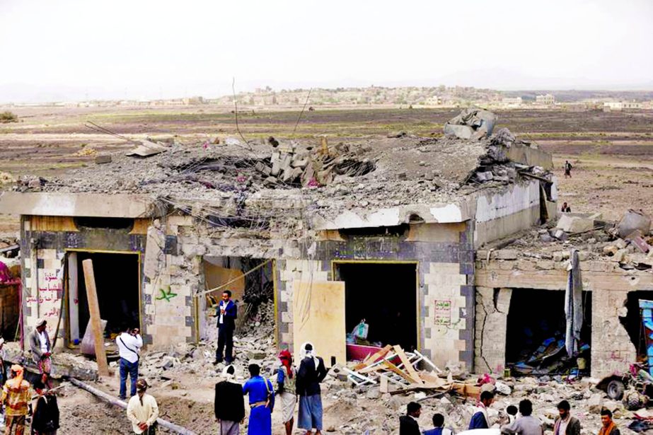 The roof of the two-storey hotel in the Arhab area collapsed following the Saudi-led air strike in Yemen.