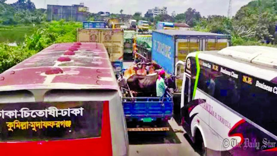 A 35-km long tailback was created on Dhaka Chittagong Highway as two road accidents took place in Munshiganj area, causing immense sufferings to the thousands of commuters on Wednesday.