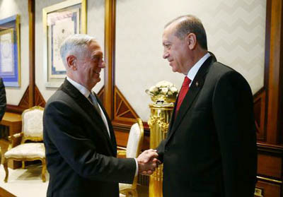 Turkish President Tayyip Erdogan meets with U.S. Defense Secretary Jim Mattis at the Presidential Palace in Ankara, Turkey on Wednesday.