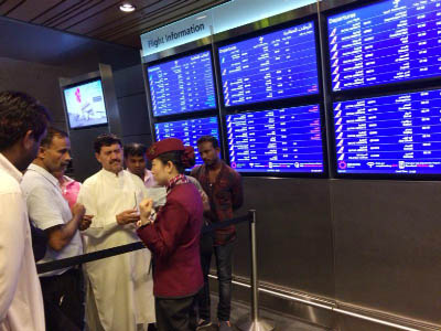 Passengers of cancelled flights wait in Hamad International Airport in Doha, Qatar after Saudi Arabia and other Arab powers severed diplomatic ties with Qatar and moved to isolate the energy-rich nation.