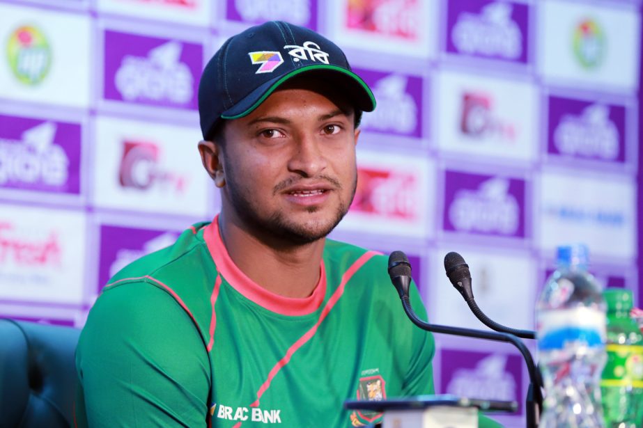 Shakib Al Hasan speaking at a conference at the conference room of Sher-e-Bangla National Cricket Stadium in Mirpur on Thursday.