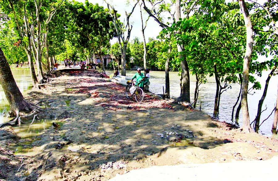 Potholes and cracks developed in most of the flood-hit streets in the countryside being submerged by onrush of water creating serious obstacles to movement. This photo was taken from Islampur Upazila's Baniadah village in Jamalpur on Thursday.