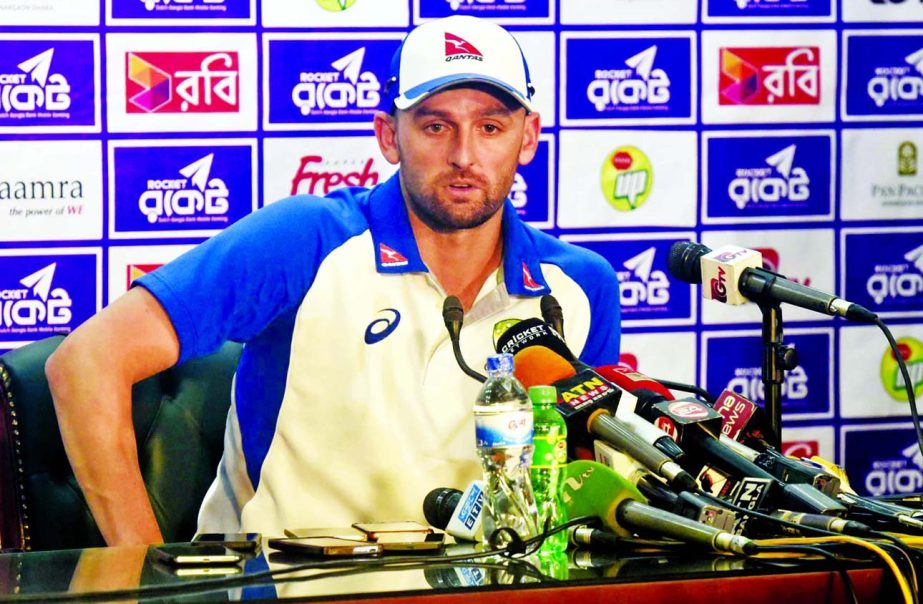 Nathan Lyon of Australia speaking at a press conference at the conference room of Sher-e-Bangla National Cricket Stadium in Mirpur on Friday.