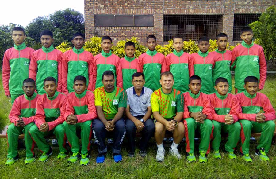Members of BKSP Under-14 Football team pose for a photo session at the BKSP Ground on Friday before taking part in the Subrata Mukharjee Cup International Football Competition at New Delhi, the capital city of India.
