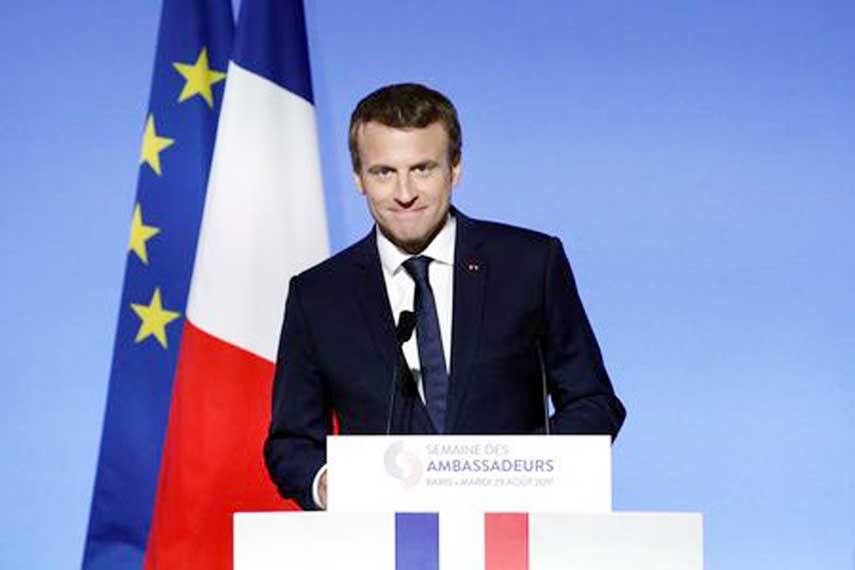 French President Emmanuel Macron addressing the annual gathering of French ambassadors at the Elysee Palace in Paris on Tuesday.