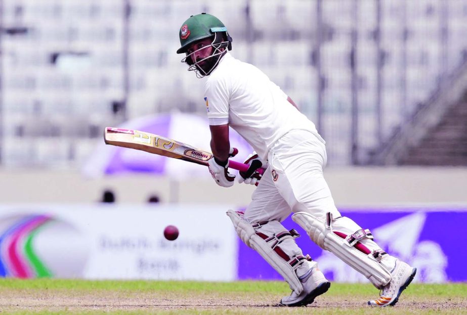 Tamim Iqbal plays a shot during the third day of the first Test match against Australia at Sher-e-Bangla National Stadium in Mirpur on Tuesday.