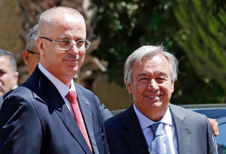 UN Secretary General Antonio Guterres Â® is welcomed to Ramallah by Palestinian prime minister Rami Hamdallah on Tuesday.
