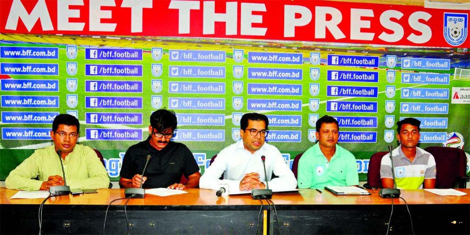 Vice-President of Bangladesh Football Federation (BFF) Kazi Nabil Ahmed speaking at a press conference at the conference room of BFF House on Friday.