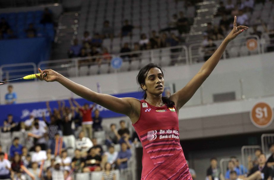 India's Pusarla V. Sindhu celebrates after winning against Japan's Nozomi Okuhara during women's single final match at the Korea Open Badminton in Seoul, South Korea on Sunday.