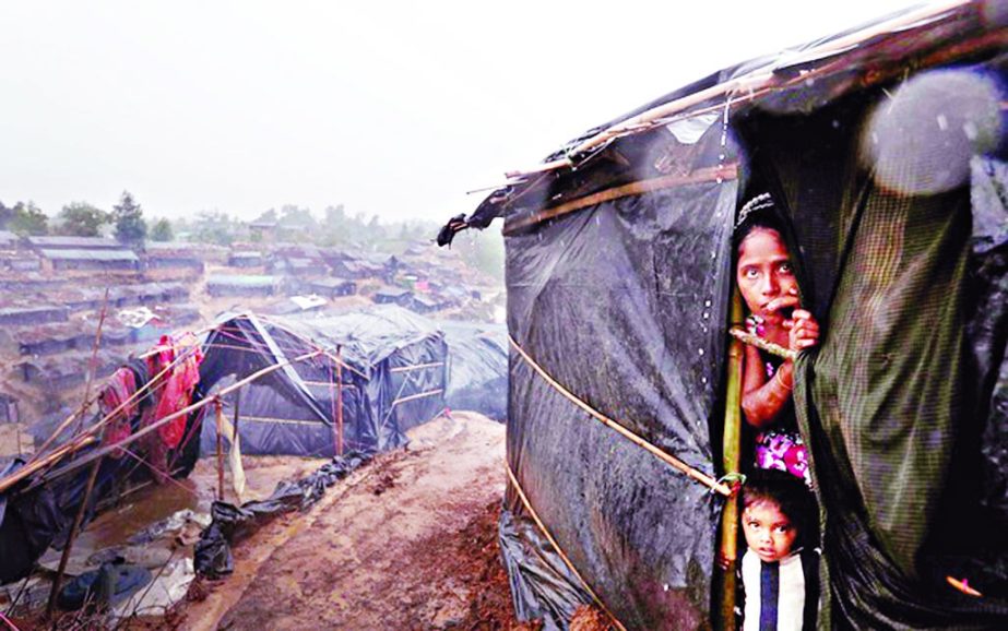 A Rohingya refugee looks out from a shelter after getting wet in the rain in Cox's Bazar. Photo: Agency