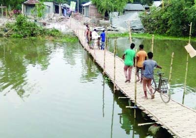 RANGPUR: Locals build a bamboo bridge at Alemer Bazar in Gangachara Upazila as the pucca road has been damaged by the recent flood. This snap was taken yesterday.