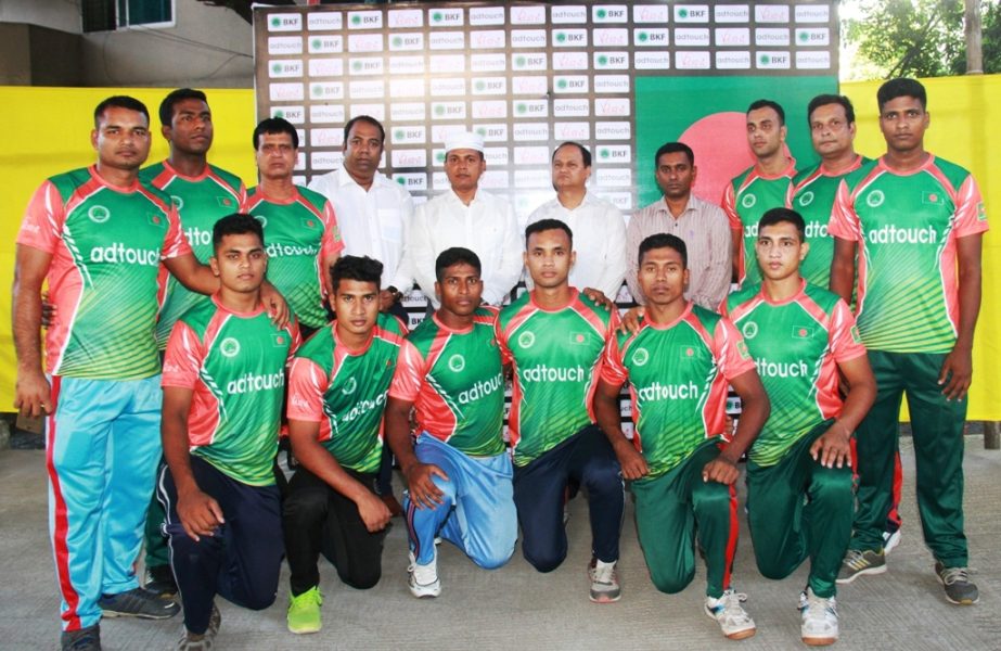 Members of Bangladesh Kabaddi team pose for photo with officials after press conference at the Kabaddi Federation office on Monday.