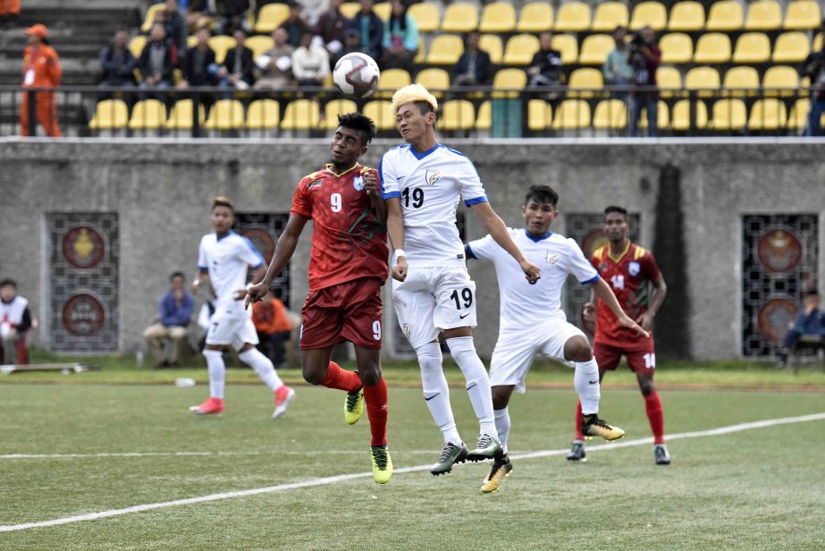 A moment of the SAFF U-18 Football match between Bangladesh and India at Changlimithang Stadium in Thimphu on Monday.