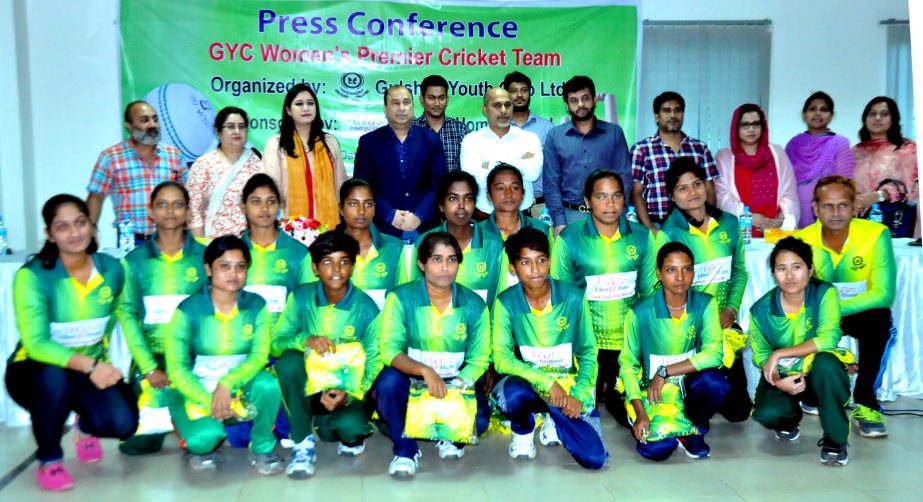 Players of Gulshan Youth Club Womenâ€™s Cricket team with the officials pose for photo after press conference at the Family Hall of Gulshan Youth Club on Monday.
