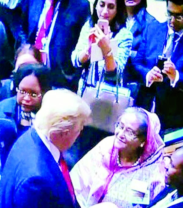 Prime Minister Sheikh Hasina is seen talking to US President Donald Trump during the opening session of the 72nd United Nationsâ€™ General Assembly at UN headquarters in New York on Monday.