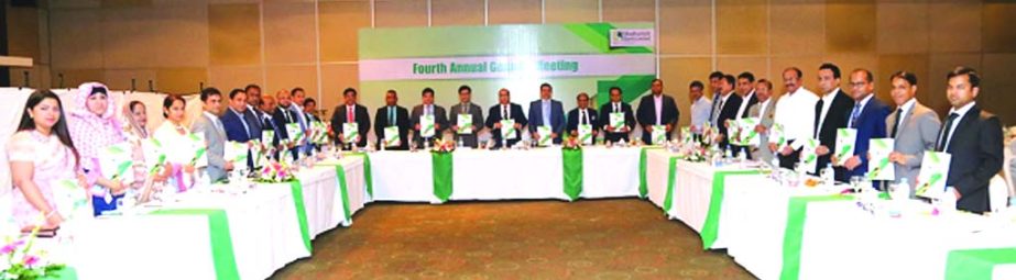 Humayun Kabir, Chairma, Board of Directors of Modhumoti Bank Limited, presiding over its 4th AGM at a city hotel on Thursday. The AGM approved 10percent Cash Dividend for the year 2016. Md. Shafiul Azam, Managing Director, Shaikh Salahuddin, Vice-Chairman