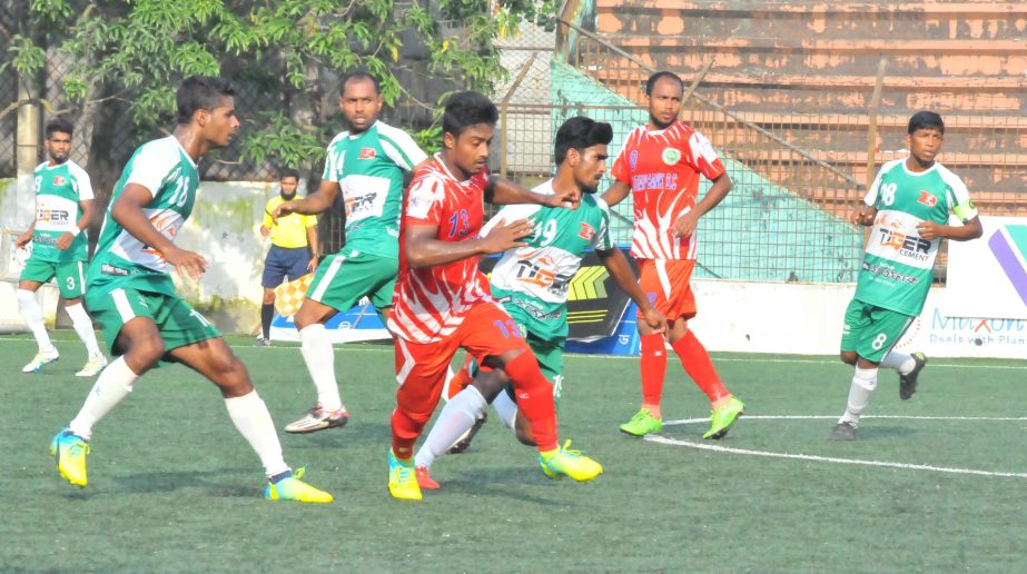 An action from the match of the Marcel Bangladesh Championship League Football between Kawranbazar Progoti Sangha and Agrani Bank Limited Sporting Club at the Bir Shreshtha Shaheed Sepoy Mohammad Mostafa Kamal Stadium in the city's Kamalapur on Thursday.