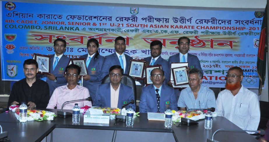 The Bangladesh Karate Federation (BKF) accords a reception to five Bangladeshi referees who successfully passed in the karate referee examination held in the Sri Lankan capital of Colombo last month. The reception programme was held at the conference room