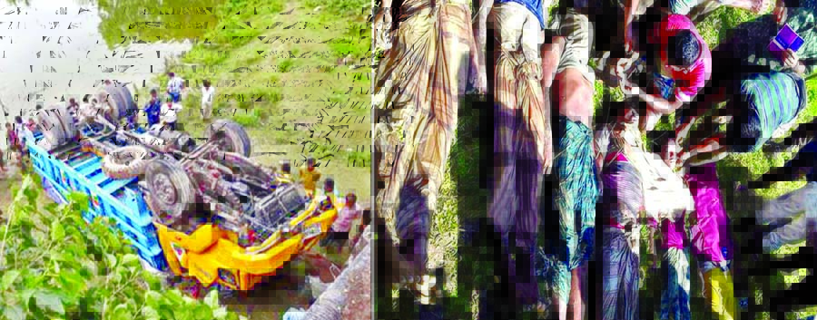 At least nine people were killed, 13 others injured when a truck carrying relief goods for Rahingya refugees plunged into a roadside ditch near Chakdhala BGB camp in Nikhangchhari upazila on Thursday.