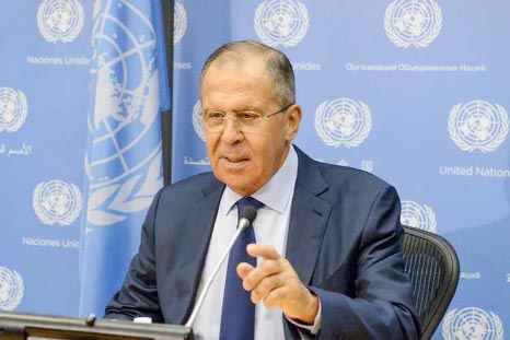 Russia's Foreign Minister Sergey Lavrov delivers remarks at a news conference at the 72nd United Nations General Assembly at U.N. headquarters in New York City on Friday.