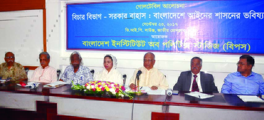 BNP Standing Committee Member Dr Khondkar Mosharraf Hossain speaking at a roundtable on 'Judiciary: Future of Rule of Law in Bangladesh' organised by Bangladesh Institute of Politics Studies at the Jatiya Press Club on Saturday.