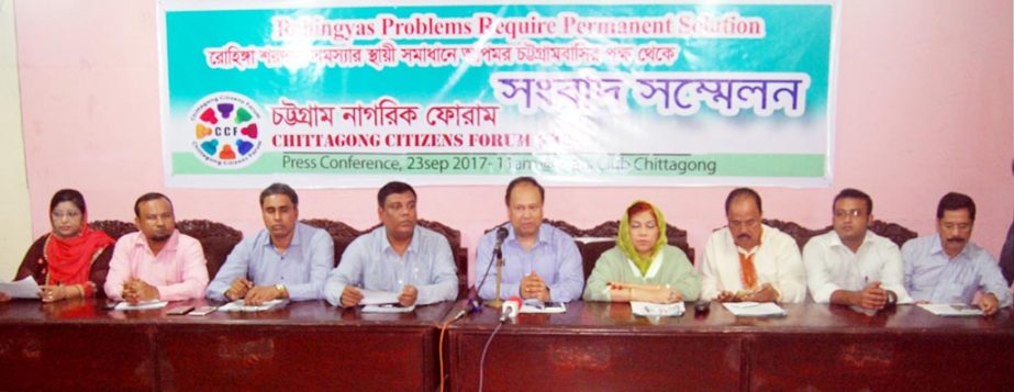 Barrister Monowar Hossain, Chairman, Chittagong Citizens' Forum addressing a press conference on Rohingya problems at Chittagong Press Club yesterday.