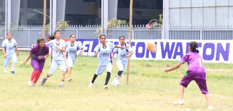 A scene from the match of the Marcel Inter-College Women's Rugby Competition held at the Paltan Maidan on Sunday.