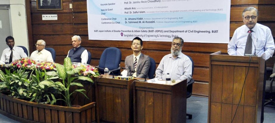 Prof Dr Gowher Rizvi, Advisor (International Affairs) to the Prime Minister and Chief of Governance Innovation Unit is seen as chief guest along with the other guests at an international workshop on disaster risk mitigation held at BUET on Saturday.