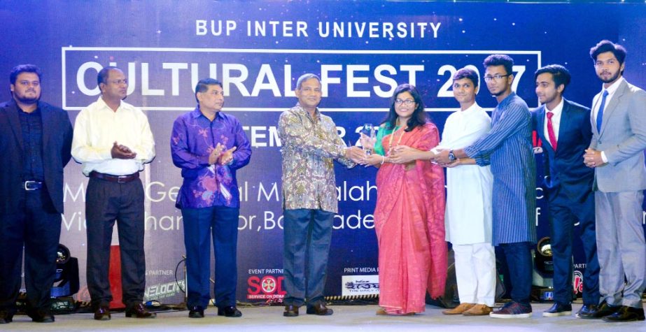 Vice Chancellor of Bangladesh University of Professionals Maj Gen Md Salahuddin Miaji, rcds, psc distributing prizes among the winners of BUP Cultural Fest 2017 held at Bijoy Auditorium of the University on Saturday.