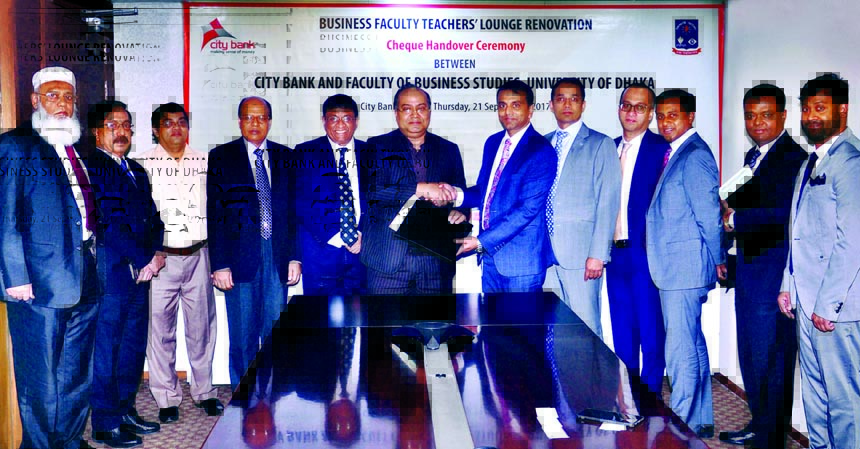Abdul Wadud, Deputy Managing Director of City Bank Limited, handing over a donation cheque to Professor Shibli Rubayat Ul Islam, Dean of the Faculty of Business Studies of University of Dhaka at the bank's head office recently. Sohail RK Hussain, Managin