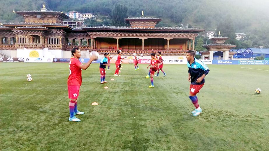 Members of Bangladesh Under-18 National Football team during their practice session at Thimpu in Bhutan on Tuesday.