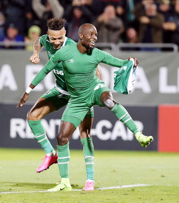 Ludogorets' Jody Lukoki celebrates his goal against Hoffenheim during Europa League group C soccer match between PFC Ludogorets Razgrad and TSG Hoffenheim, at Ludogorets Arena in Razgrad, Bulgaria on Thursday.