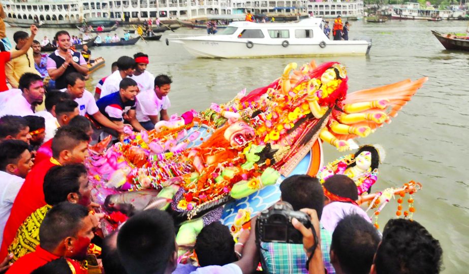 Five-day Durga Puja, the biggest religious festival of the Hindu Community ended yesterday with immersion of Devi Durga's idol amid much enthusiasm and festivity. This photo was taken from Buriganga River.
