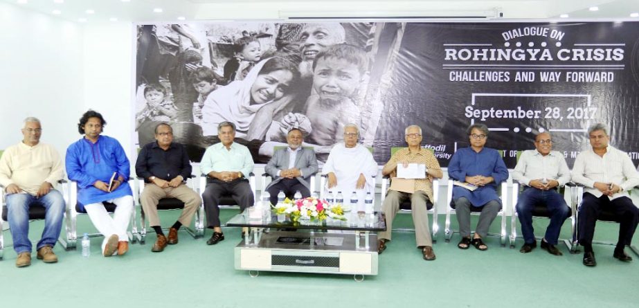 Speakers at a dialogue on 'Rohingya Crisis: Challenges and Way Forward' held at Daffodil International University organized by the Department of Journalism and Mass Communication on Thursday.