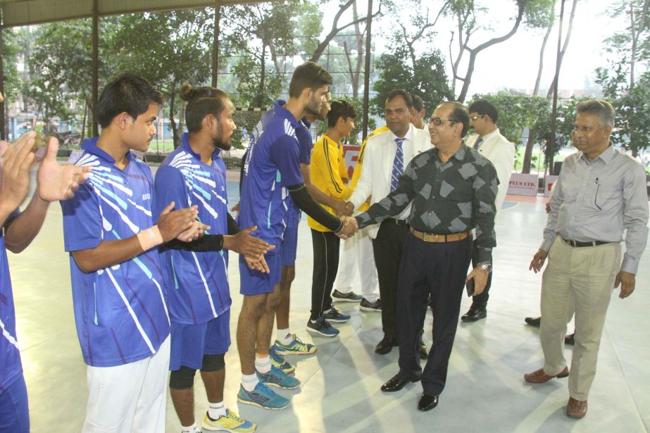 State Minister for Youth and Sports Dr Biren Sikder being introduced with the participants of the inaugural match of the Index Dhaka-Assam Friendly Handball Series at the Shaheed (Captain) M Mansur Ali National Handball Stadium on Wednesday.
